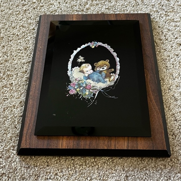Retro Foil Art Etched Wall Art Print Baby Boy Teddy Bear Pink Blue Floral Wooden - Picture 2 of 13